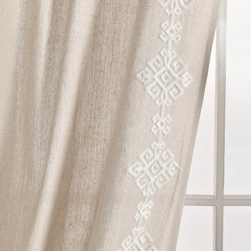 Luxury Modern Geo Linen Like Embroidery Border Window Curtain Panel