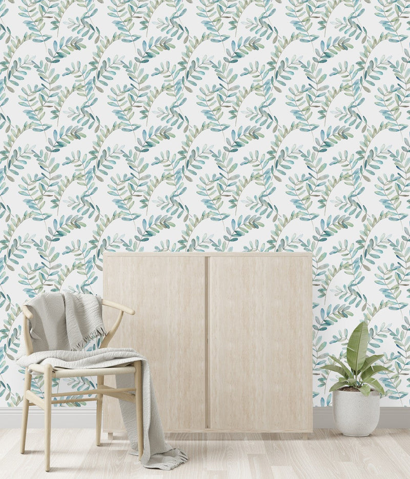Modish Leaves on White Wallpaper Select