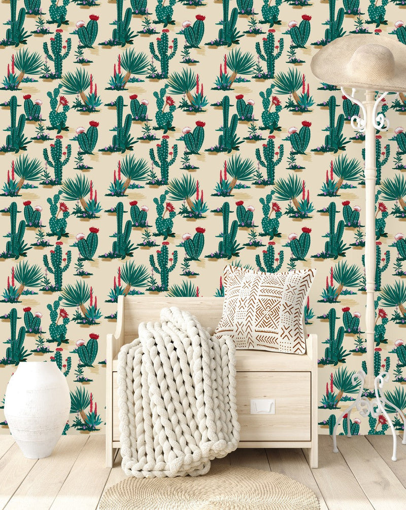Modish Cactus with Red Flowers Wallpaper Chic