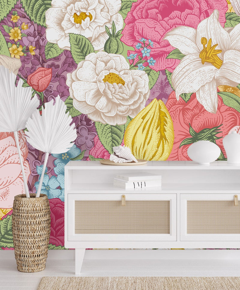 Colorful Peonies and Tulips Wallpaper