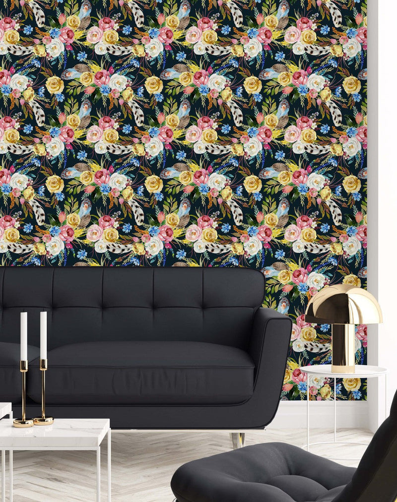 Modish Feathers and Flowers Wallpaper Tasteful