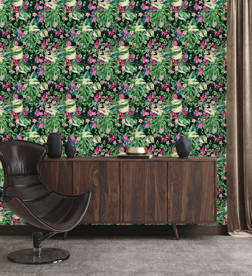 Elegant Green and Pink Leaves Wallpaper Vogue