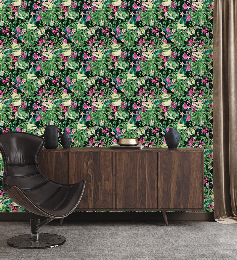 Elegant Green and Pink Leaves Wallpaper Vogue
