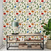 Beige Floral Wallpaper with Dragonfly