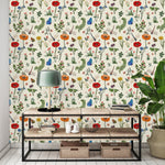 Beige Floral Wallpaper with Dragonfly