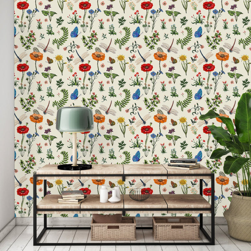 Beige Floral Wallpaper with Dragonfly