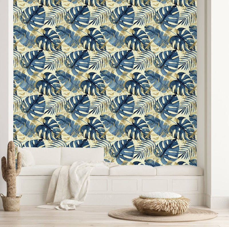 Blue Monstera Leaves with Gold Print Wallpaper