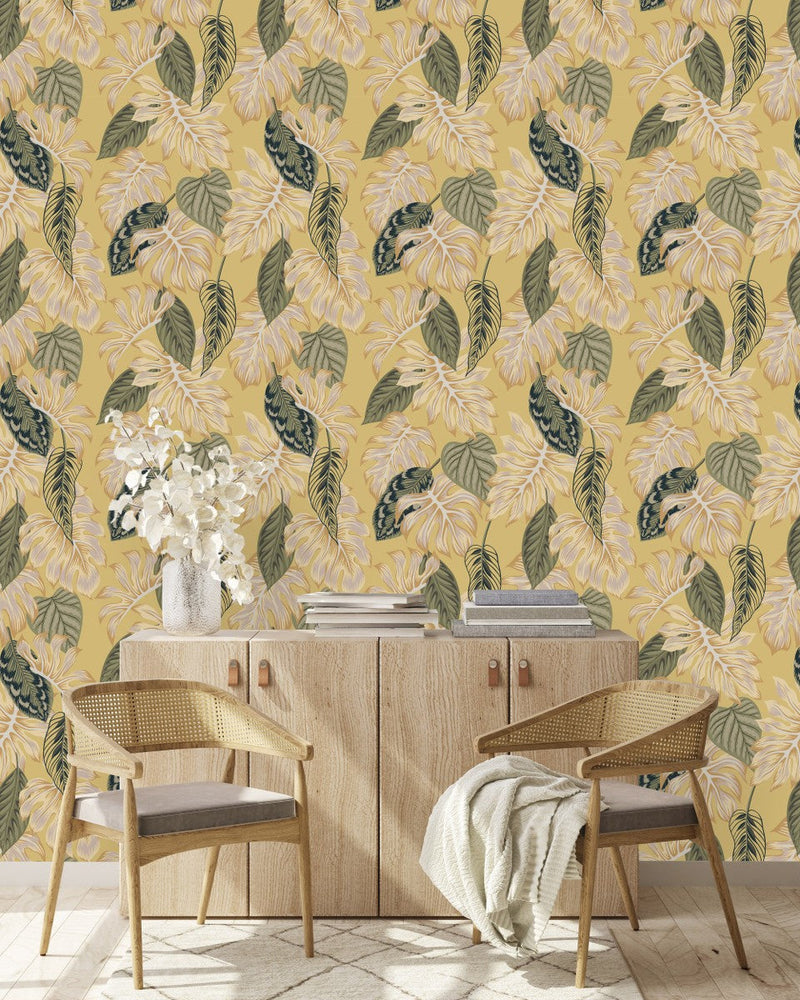 Yellow Wallpaper with Leaves Pattern