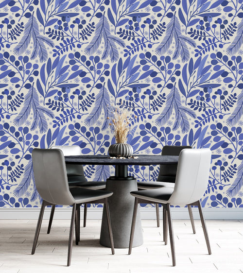 Stylish Blue Leaves and Berries Wallpaper Smart