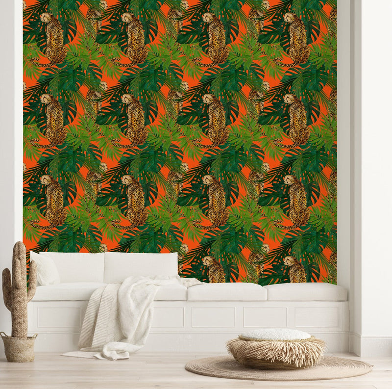 Orange Wallpaper with Exotic Leaves