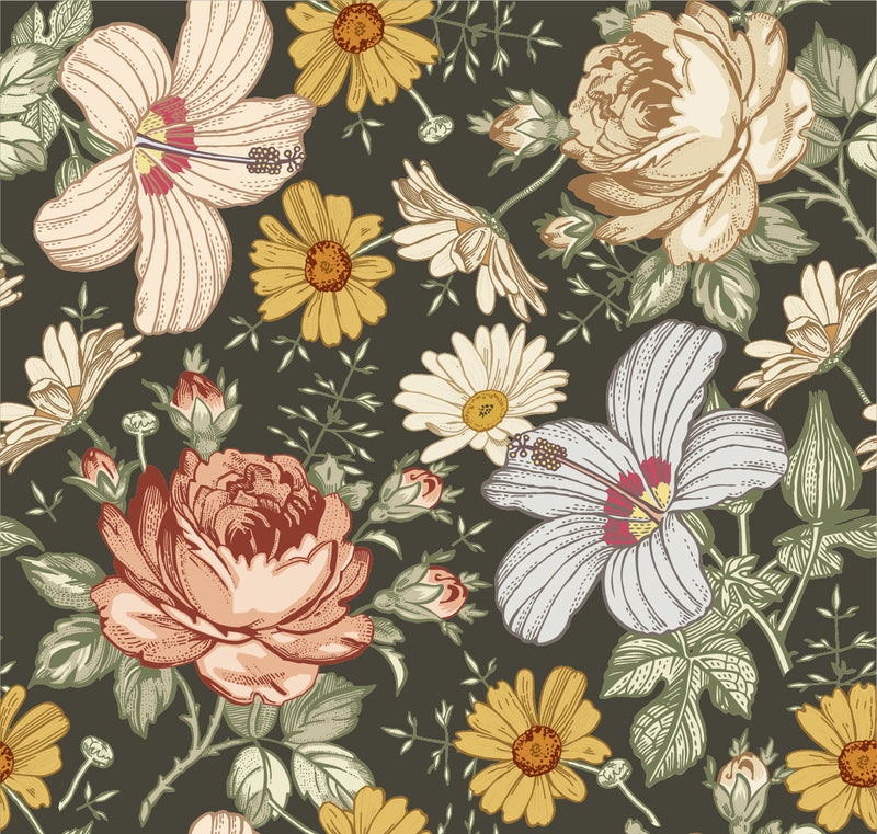 Flowers on Dark Green Background Wallpaper