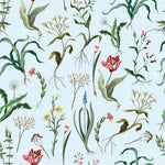 Botanical Flowers on Blue Background Wallpaper