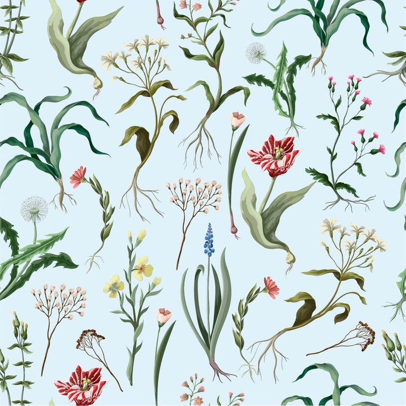 Botanical Flowers on Blue Background Wallpaper