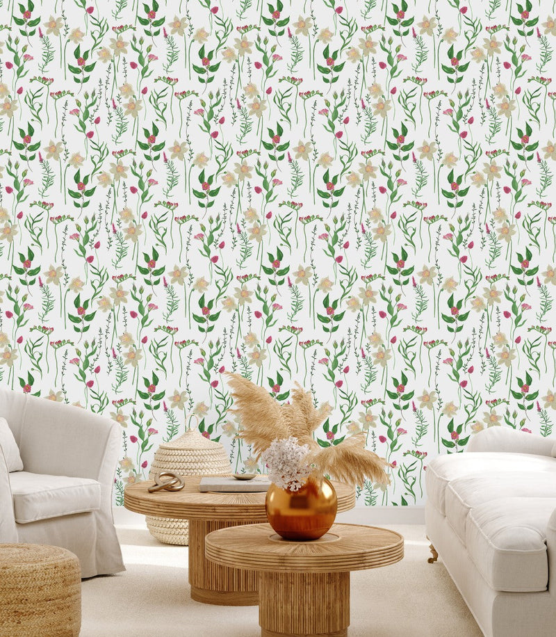 Contemporary White Wallpaper with Meadow Flowers Chic