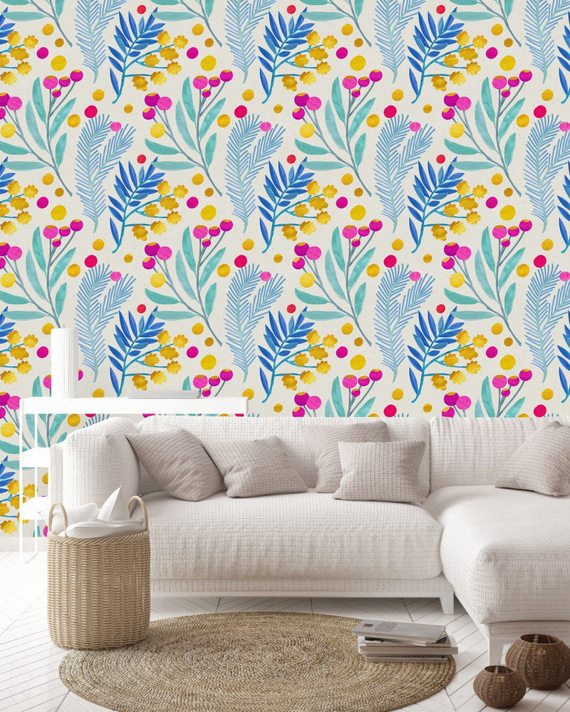 Contemporary Blue Leaves and Berries Wallpaper Smart