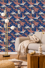 Cranes on Dark Blue Background Wallpaper