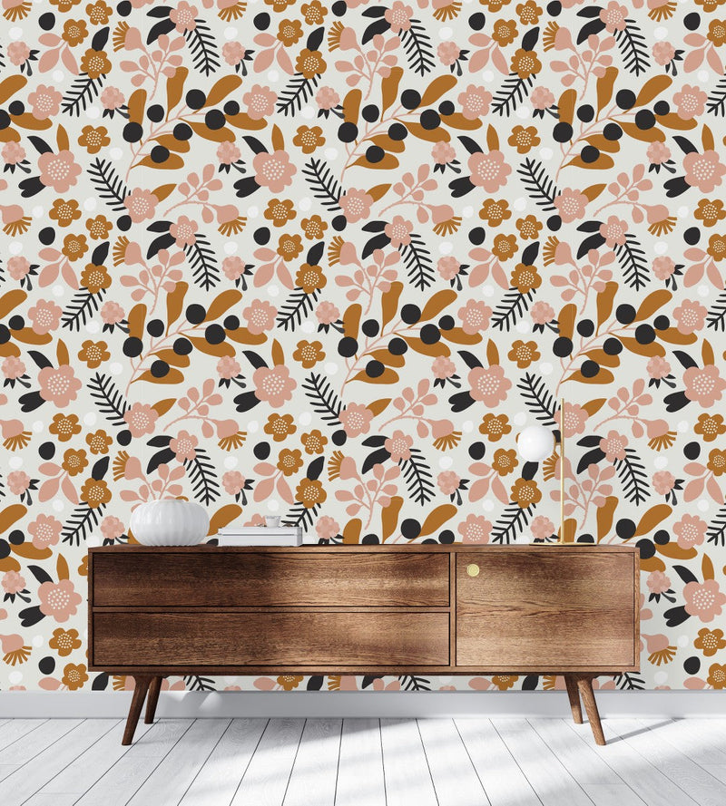 Beige Flowers and Brown Leaves Wallpaper