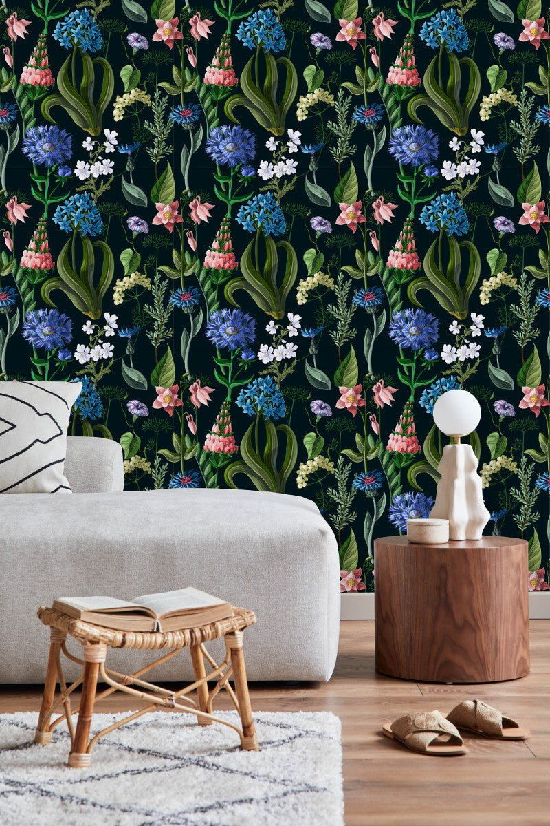 Blue Flowers on Black Background Wallpaper