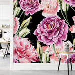 Fashionable Black Wallpaper with Pink Flowers