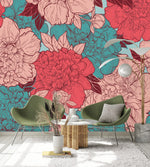 Blue and Red Peonies Wallpaper