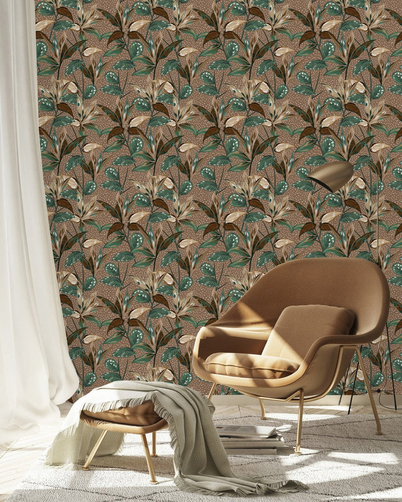 Leaves on Brown Wallpaper