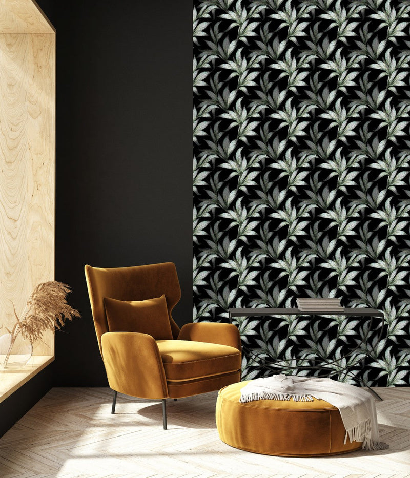 Fashionable Dark Wallpaper with Green Leaves Tasteful