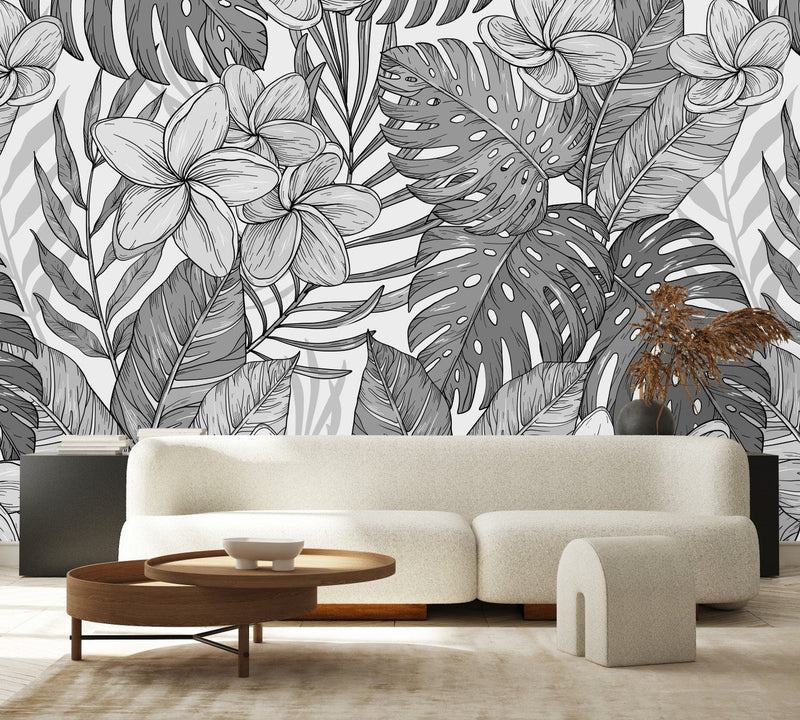 Black and White Exotic Leaves Wallpaper