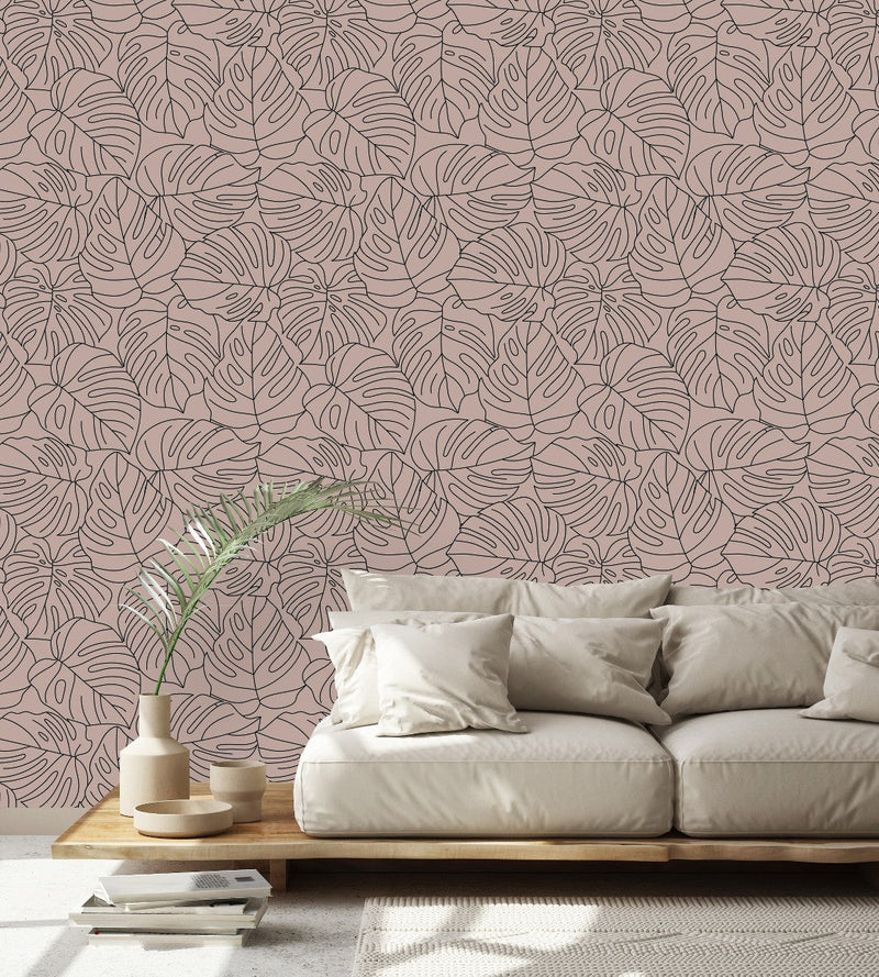 Beige Monstera Contour Leaves Wallpaper