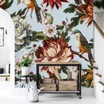 Blue Wallpaper with Flowers and Birds
