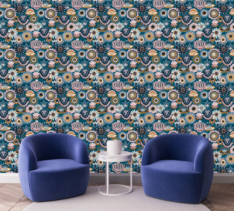 Blue Ethnic Pattern Wallpaper
