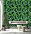 Black Wallpaper with Green Leaves