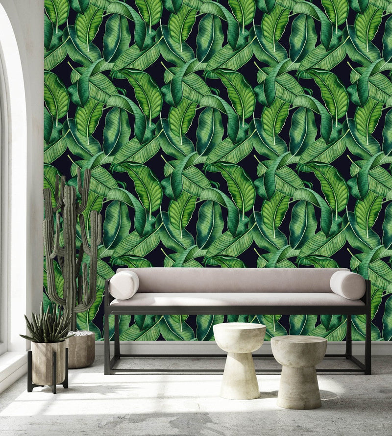Black Wallpaper with Green Leaves