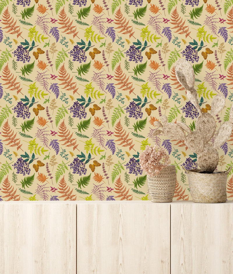 Beige Wallpaper with Ferns