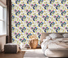 White Flowers and Multicolored Pattern Wallpaper