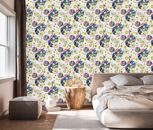 White Flowers and Multicolored Pattern Wallpaper