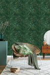 Green Wallpaper with Gold Contours of Leaves