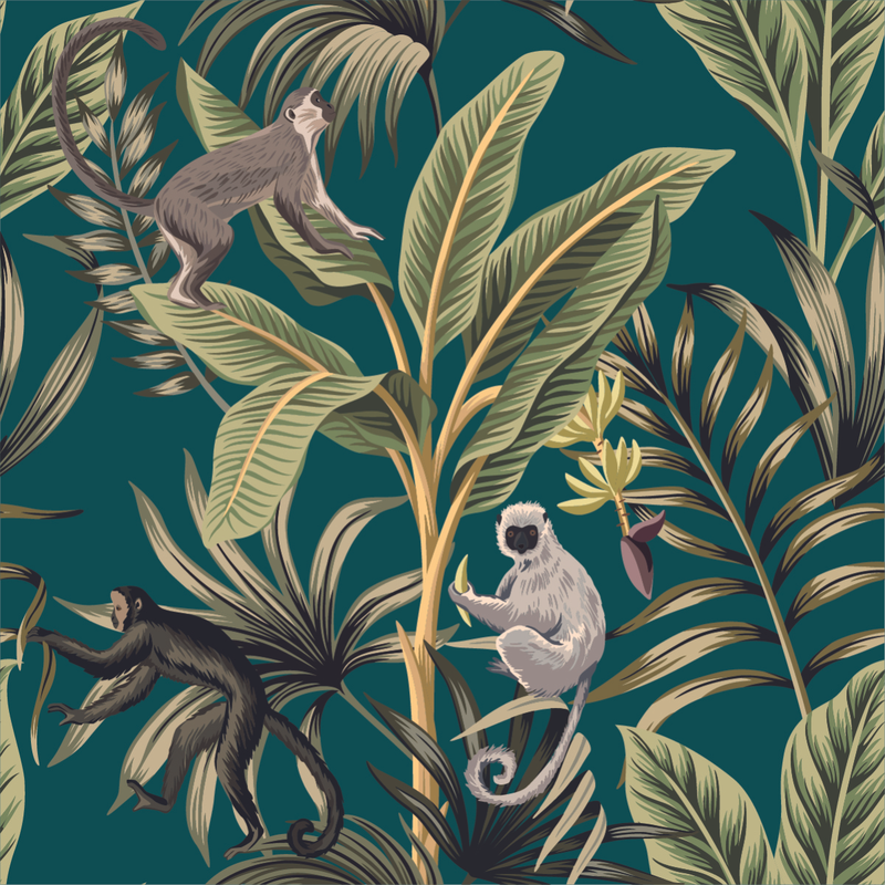 Green Wallpaper with Monkeys