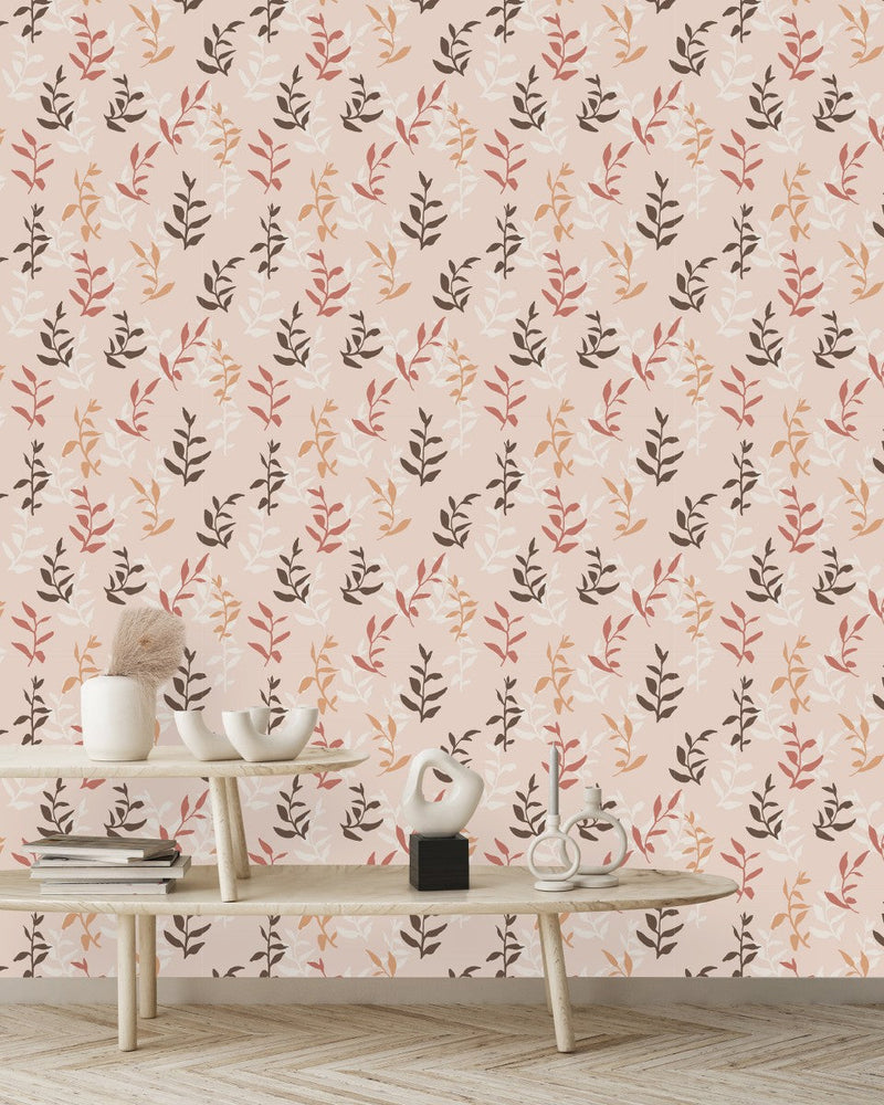 Modish Pink Wallpaper with Leaves Vogue