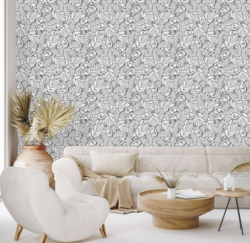 Black and White Hand Drawn Leaves Wallpaper