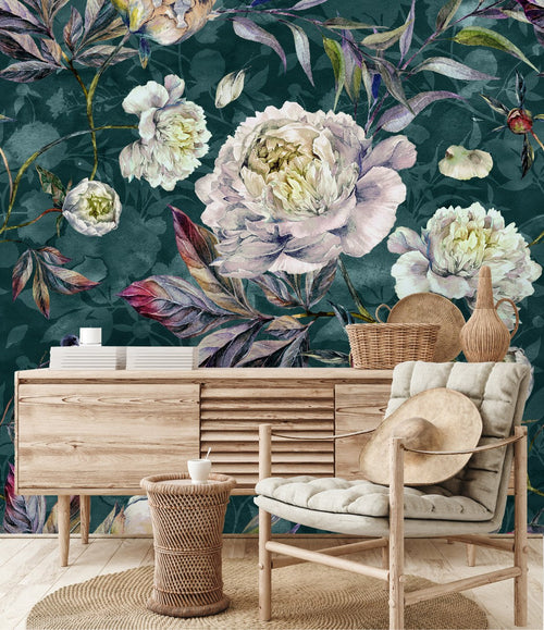 White Peonies on Green Background Wallpaper
