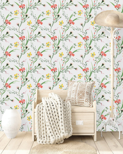 Contemporary White Wallpaper with Wildflowers Smart