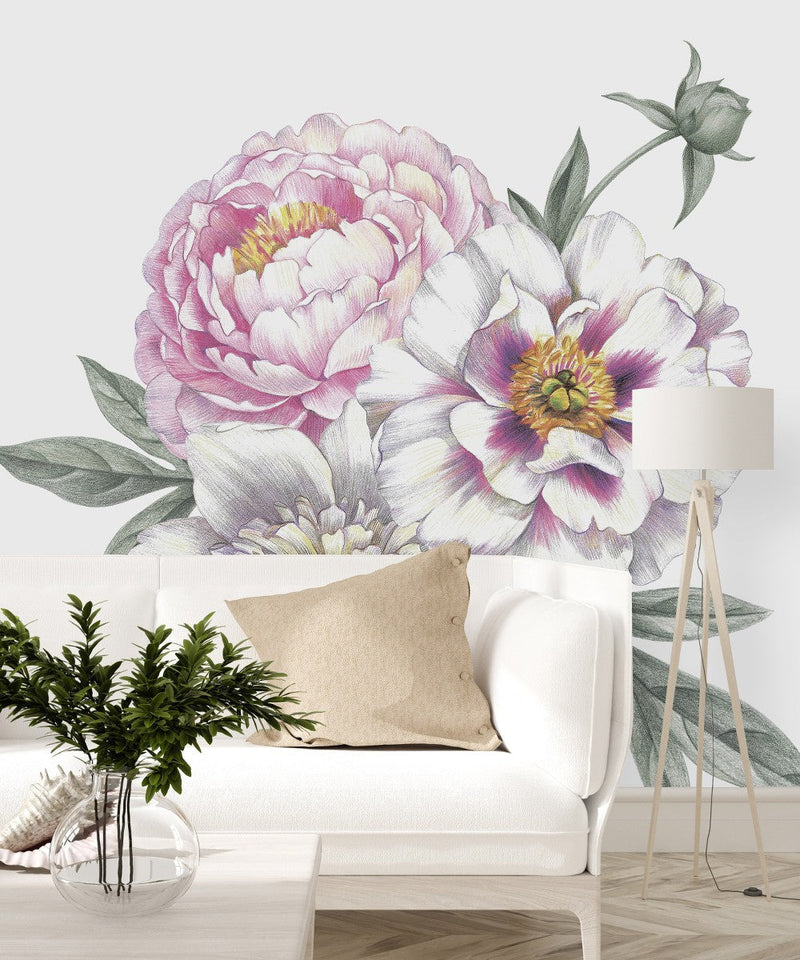 White Wallpaper with Three Flowers
