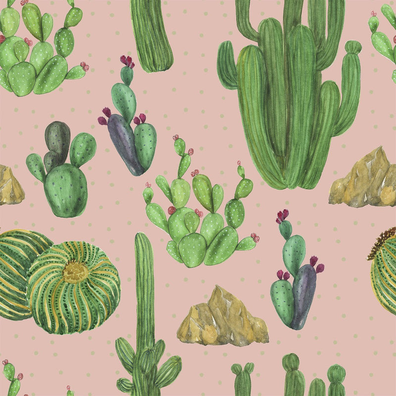 Beige Wallpaper with Cactus Pattern