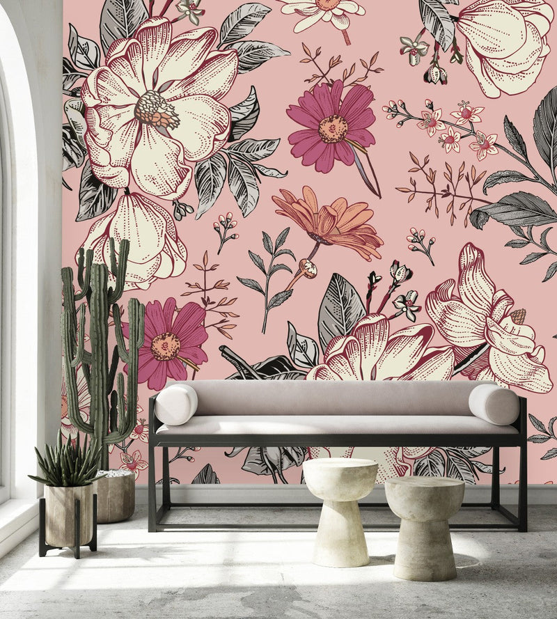Modish Pink Flowers Wallpaper Chic