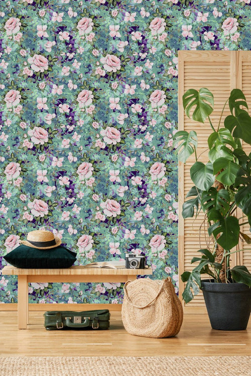 Pink Roses on Green Wallpaper