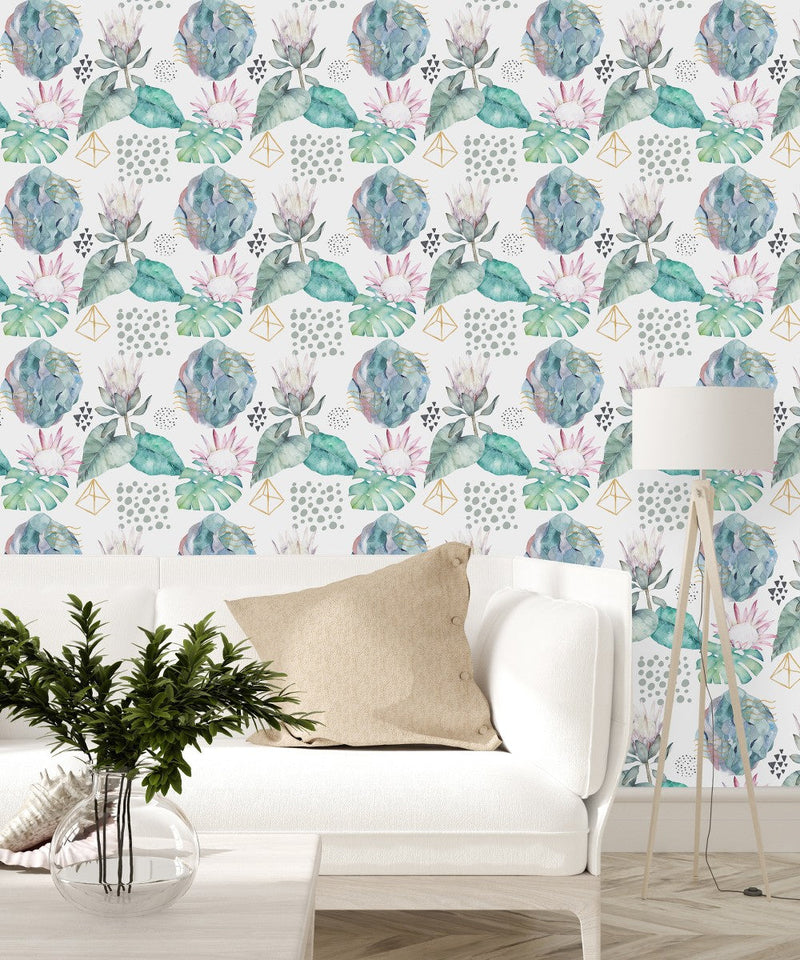 Protea and Geometrical Pattern Wallpaper