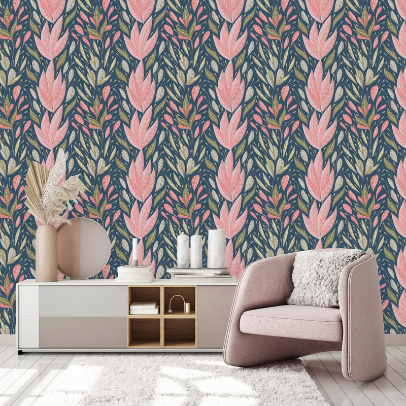 Pink Large Leaves Wallpaper