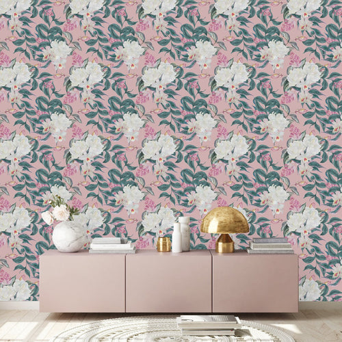 Pink Wallpaper with White Flowers