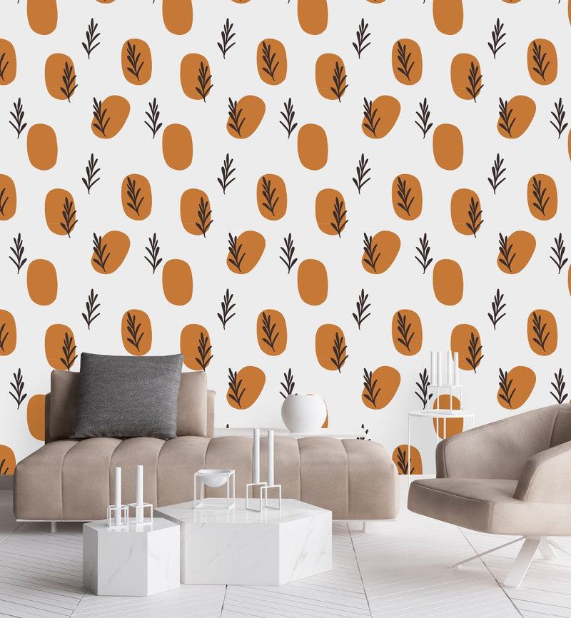 Dark Beige Spots with Botanical Plants Wallpaper