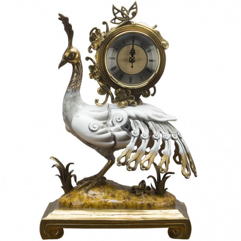 Lovecup Porcelain Peacock Clock with Bronze Ormolu Accents L314